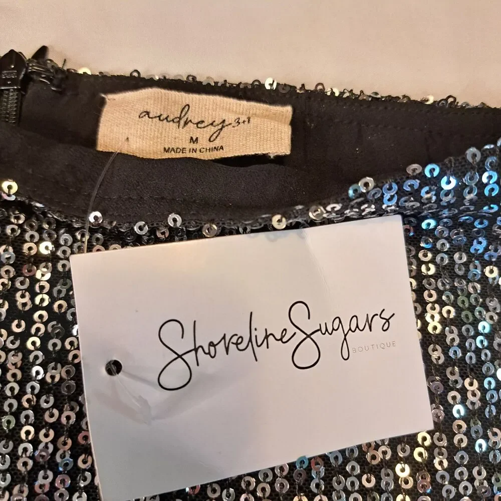 Audrey 3+1 NWT Blk Silver Sequin Mini Skirt Sz M Party Festival Festive Glam Fun